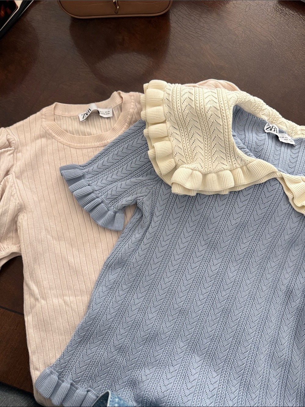 Zara Dainty Top Bundle Light Blue Knit with Cream Ruffle Collar Size M
